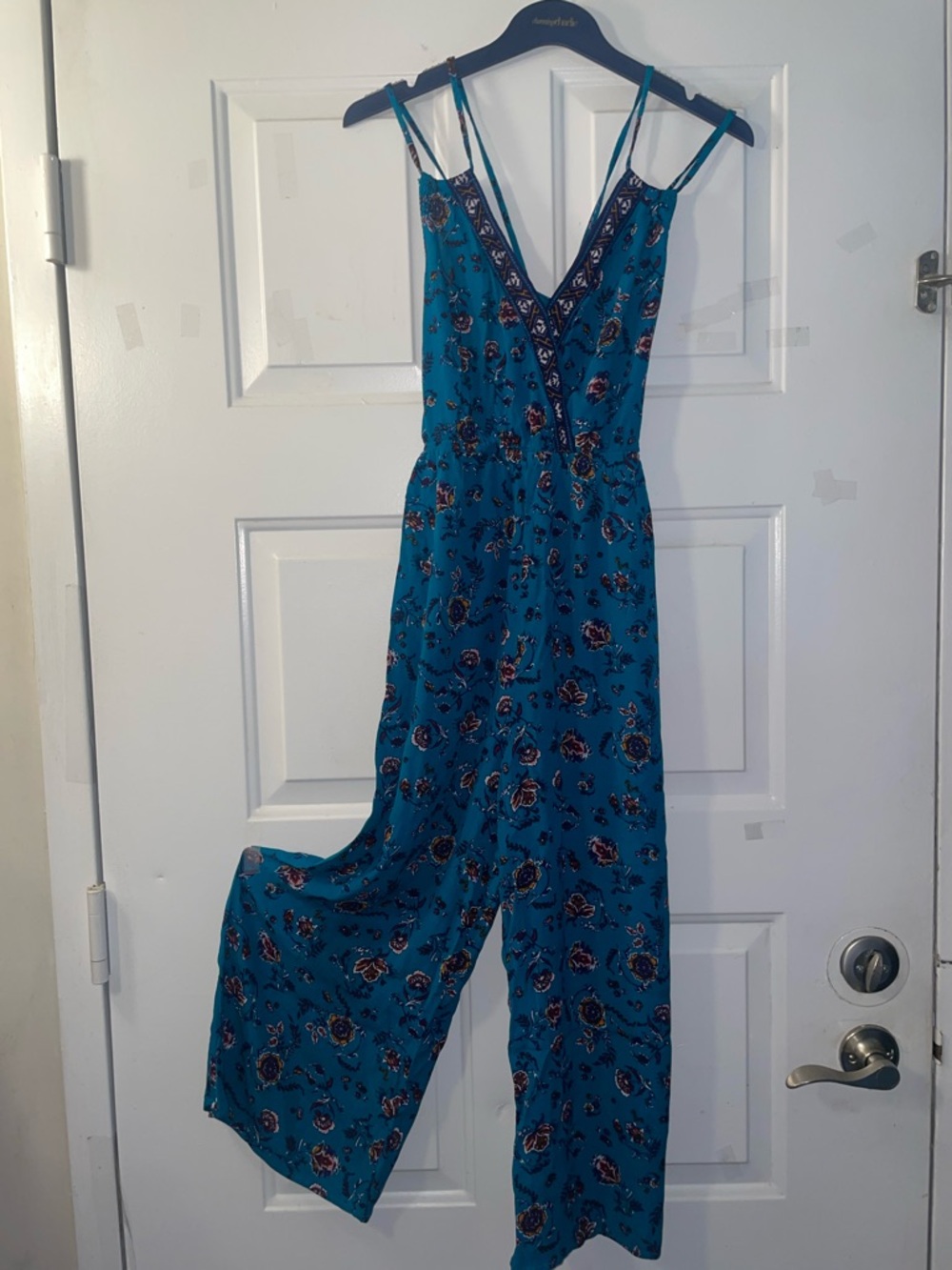 Eyeshadow Teal Floral V-Neck Strappy Wide-Leg Jumpsuit